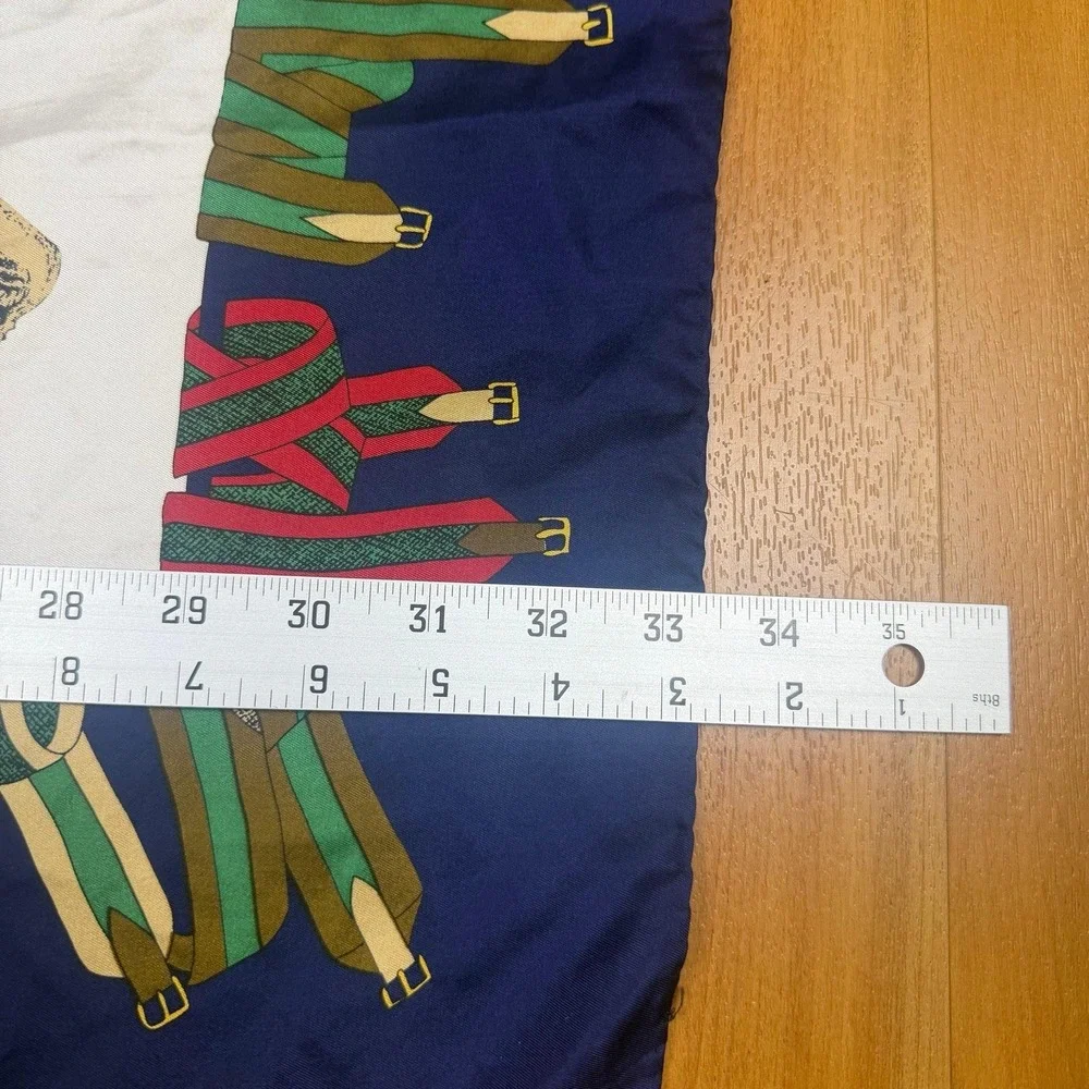 Vintage Pure‎ Silk Equestrian Polo Scarf Navy Blue Made in Italy 34x33.5